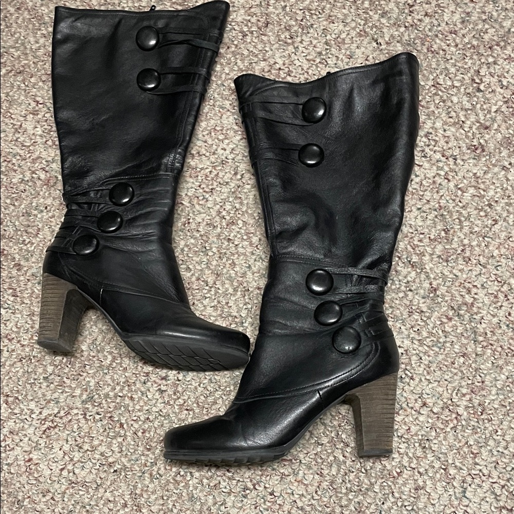 Miz Mooz Black Leather Mid-Calf Heeled Boots with Button Detail